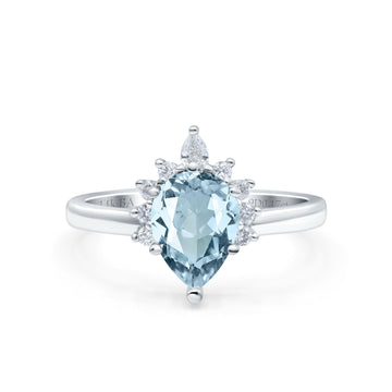 14K White Gold 1.5ct Teardrop Art Deco Pear 9mmx6mm G SI Natural Aquamarine Diamond Engagement Wedding Ring Size 6.5
